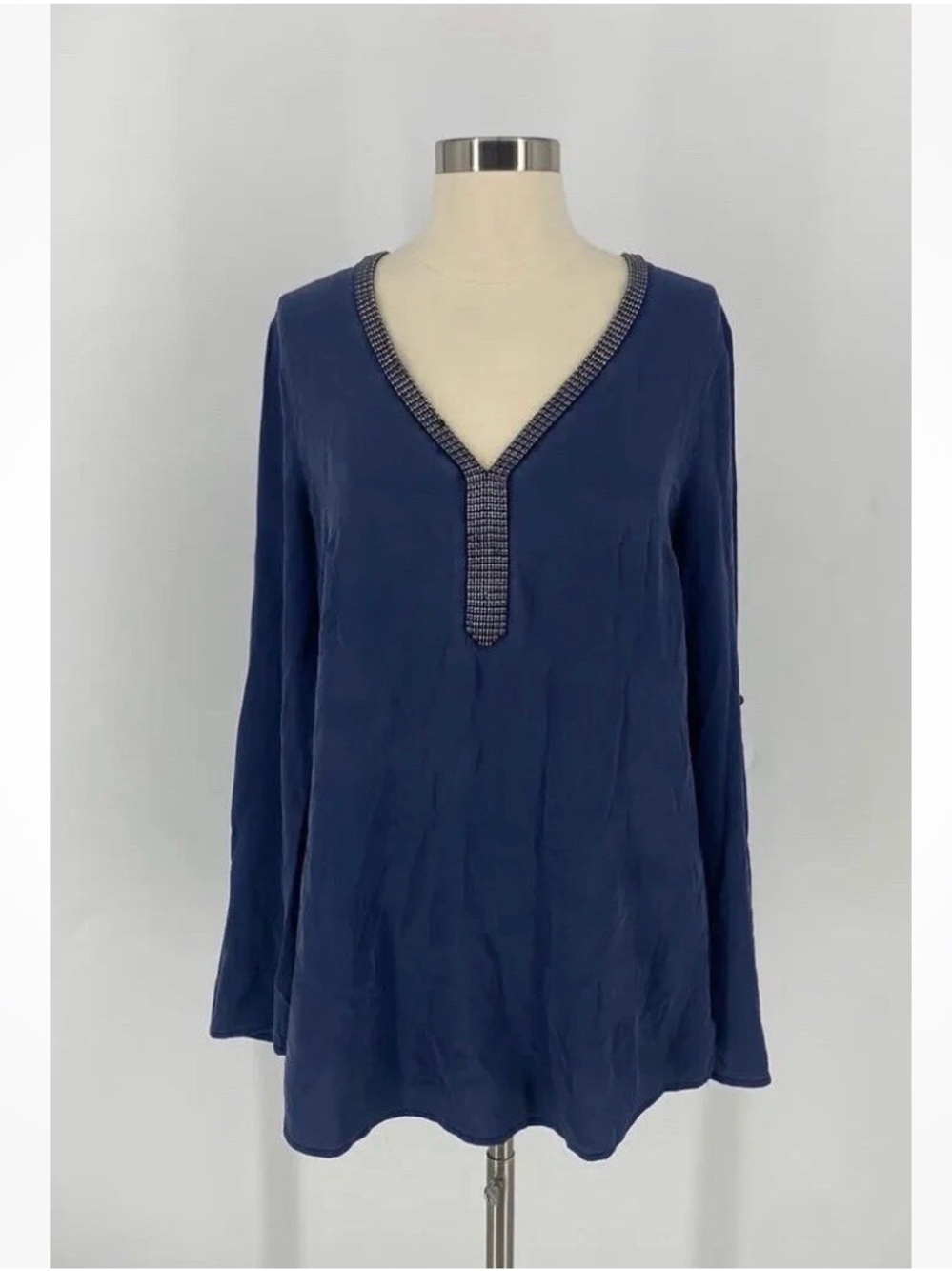 White House Black Market 100% silk V-Neck Tunic with Embellished Trim